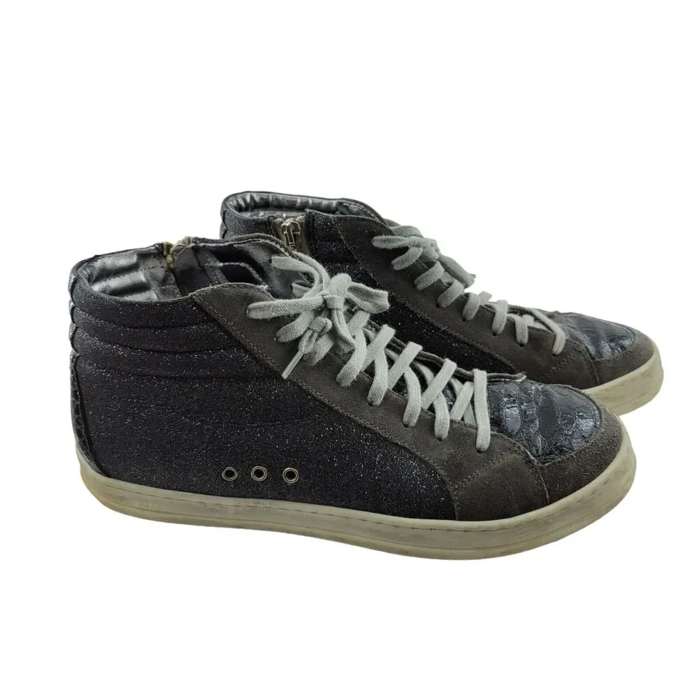P448 Womens High Top Sneakers Size 40 9-9.5‎ Gray Suede Glitter Skate Shoes